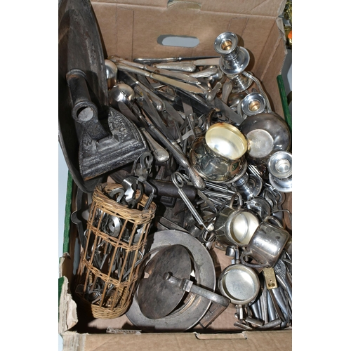 371 - THREE BOXES AND LOOSE BRASS AND METALWARE, to include a large set of brass fire dogs, poker, tongs a... 