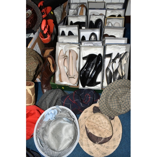 372 - FOUR BOXES OF LADIES' SHOES, HATS AND BAGS, to include seventeen boxed pairs of ladies' shoes, UK si... 