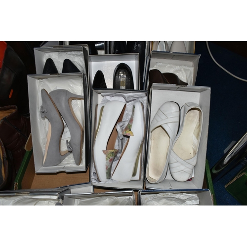 372 - FOUR BOXES OF LADIES' SHOES, HATS AND BAGS, to include seventeen boxed pairs of ladies' shoes, UK si... 