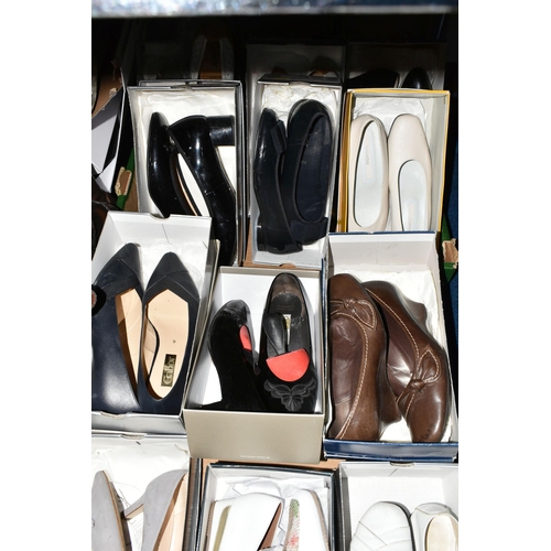 372 - FOUR BOXES OF LADIES' SHOES, HATS AND BAGS, to include seventeen boxed pairs of ladies' shoes, UK si... 