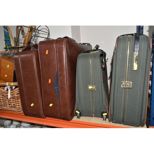 374 - A GROUP OF SUITCASES AND WICKER ANTLER PICNIC HAMPER, comprising an Antler picnic hamper with settin... 