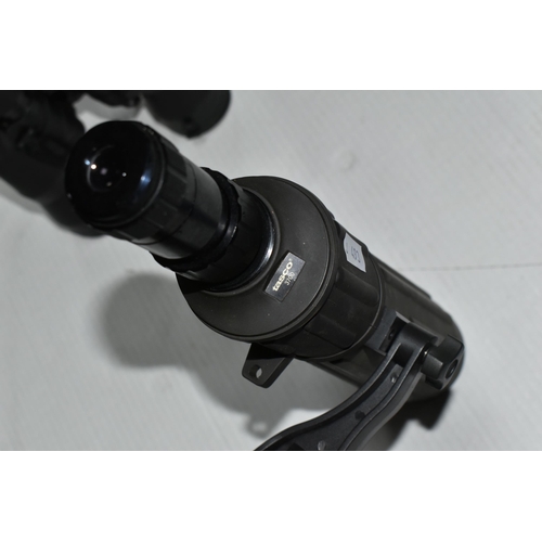 380 - A TASCO 3700 SPOTTING SCOPE ON TRIPOD STAND, with a cased pair of vintage Binomag magnifying head bi... 