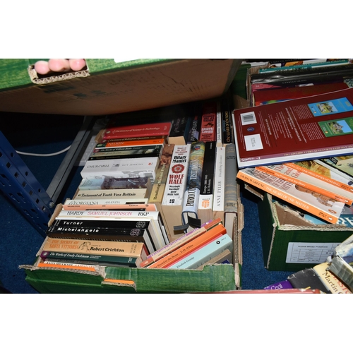 382 - EIGHT BOXES OF BOOKS to include a box of mostly with orange spines Penguin books to include both fic... 