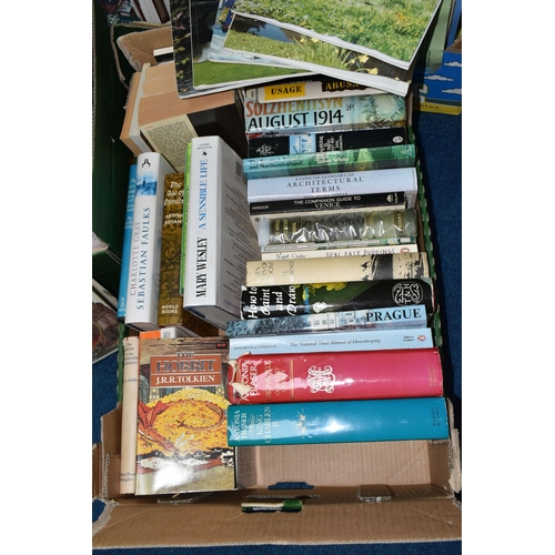 382 - EIGHT BOXES OF BOOKS to include a box of mostly with orange spines Penguin books to include both fic... 