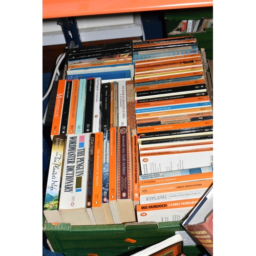 382 - EIGHT BOXES OF BOOKS to include a box of mostly with orange spines Penguin books to include both fic... 