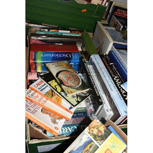 382 - EIGHT BOXES OF BOOKS to include a box of mostly with orange spines Penguin books to include both fic... 