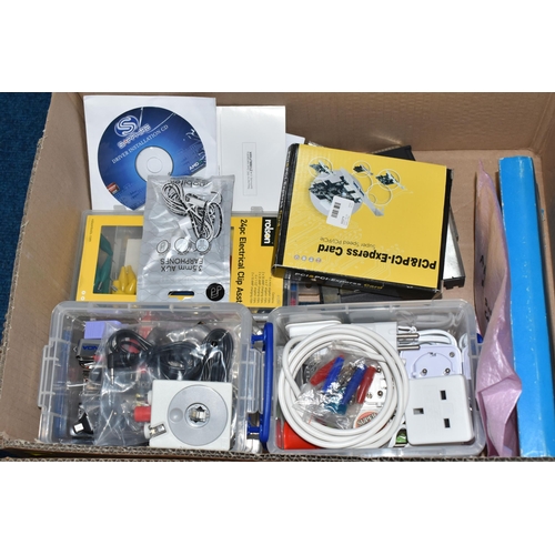 389 - TWO BOXES OF COMPUTER HARDWARE AND ACCESSORIES to include a boxed Linux 1020 32GB tablet with keyboa... 