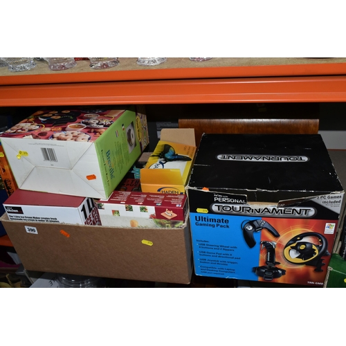 390 - THREE BOXES AND LOOSE ELECTRICAL KITCHEN APPLIANCES, GAMING EQUIPMENT AND MISCELLANEOUS comprising a... 