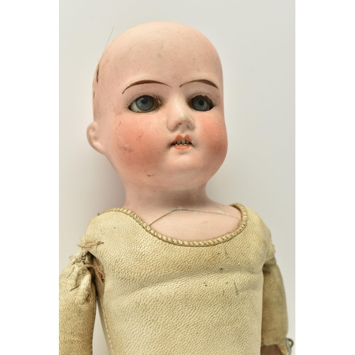 402 - A GERMAN BISQUE HEAD AND SHOULDERS DOLL WITH JOINTED LEATHER BODY, back of neck marked 'Germany Mark... 