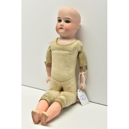 402 - A GERMAN BISQUE HEAD AND SHOULDERS DOLL WITH JOINTED LEATHER BODY, back of neck marked 'Germany Mark... 