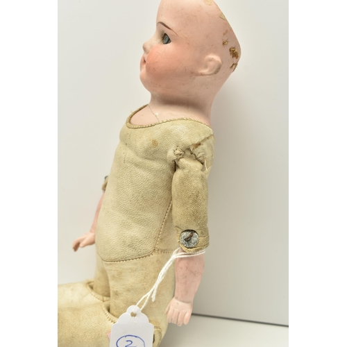 402 - A GERMAN BISQUE HEAD AND SHOULDERS DOLL WITH JOINTED LEATHER BODY, back of neck marked 'Germany Mark... 