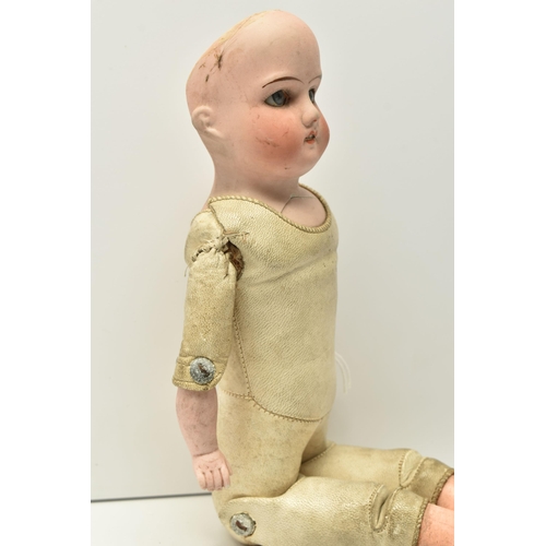 402 - A GERMAN BISQUE HEAD AND SHOULDERS DOLL WITH JOINTED LEATHER BODY, back of neck marked 'Germany Mark... 