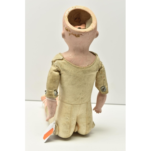 402 - A GERMAN BISQUE HEAD AND SHOULDERS DOLL WITH JOINTED LEATHER BODY, back of neck marked 'Germany Mark... 