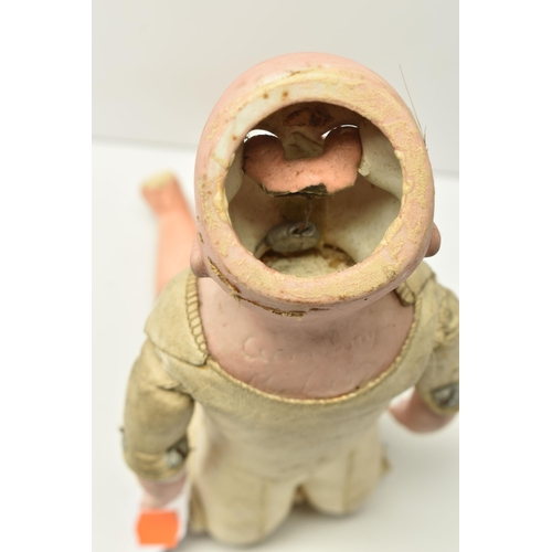 402 - A GERMAN BISQUE HEAD AND SHOULDERS DOLL WITH JOINTED LEATHER BODY, back of neck marked 'Germany Mark... 