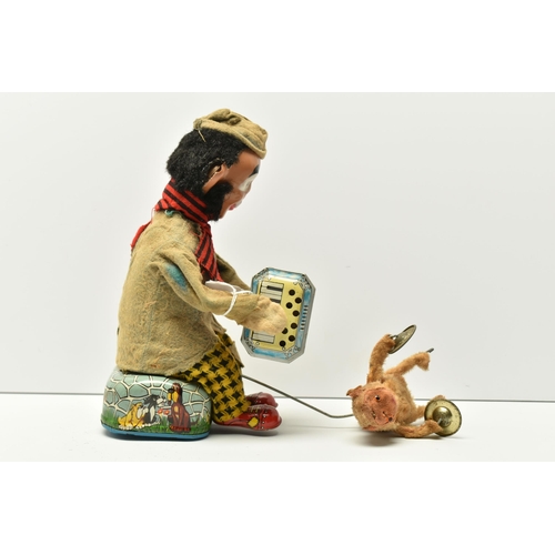 403 - AN ALPS (JAPAN) TINPLATE CLOCKWORK ACCORDION PLAYING CLOWN WITH CYMBAL PLAYING MONKEY, not tested, s... 