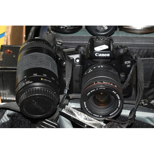 408 - A BOX OF CAMERAS AND PHOTOGRAPHIC EQUIPMENT, to include a Canon EOS 30 fitted with a Sigma f3.5-5.6 ... 