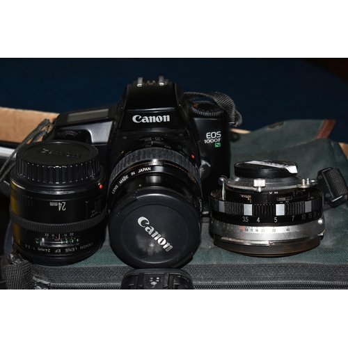 408 - A BOX OF CAMERAS AND PHOTOGRAPHIC EQUIPMENT, to include a Canon EOS 30 fitted with a Sigma f3.5-5.6 ... 