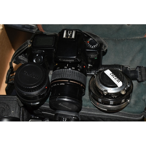 408 - A BOX OF CAMERAS AND PHOTOGRAPHIC EQUIPMENT, to include a Canon EOS 30 fitted with a Sigma f3.5-5.6 ... 