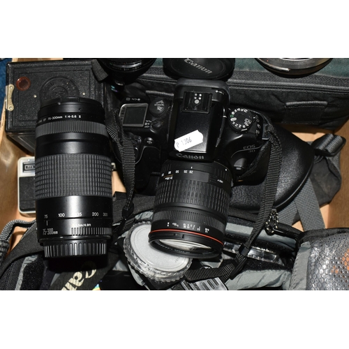 408 - A BOX OF CAMERAS AND PHOTOGRAPHIC EQUIPMENT, to include a Canon EOS 30 fitted with a Sigma f3.5-5.6 ... 