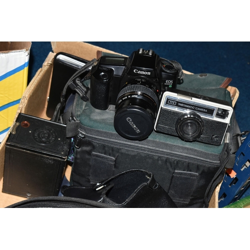 408 - A BOX OF CAMERAS AND PHOTOGRAPHIC EQUIPMENT, to include a Canon EOS 30 fitted with a Sigma f3.5-5.6 ... 