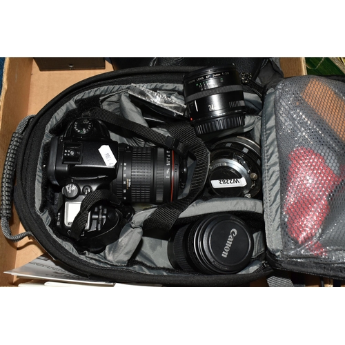 408 - A BOX OF CAMERAS AND PHOTOGRAPHIC EQUIPMENT, to include a Canon EOS 30 fitted with a Sigma f3.5-5.6 ... 