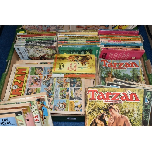 431 - TWO BOXES OF BOOKS AND COMICS comprising thirty Edgar Rice Burroughs Tarzan or 'Mars' paperbacks, pu... 