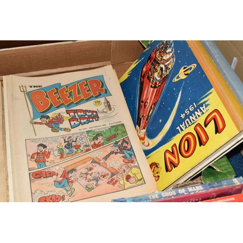 431 - TWO BOXES OF BOOKS AND COMICS comprising thirty Edgar Rice Burroughs Tarzan or 'Mars' paperbacks, pu... 