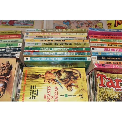 431 - TWO BOXES OF BOOKS AND COMICS comprising thirty Edgar Rice Burroughs Tarzan or 'Mars' paperbacks, pu... 