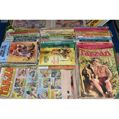 431 - TWO BOXES OF BOOKS AND COMICS comprising thirty Edgar Rice Burroughs Tarzan or 'Mars' paperbacks, pu... 