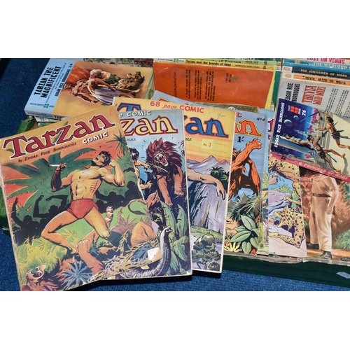 431 - TWO BOXES OF BOOKS AND COMICS comprising thirty Edgar Rice Burroughs Tarzan or 'Mars' paperbacks, pu... 