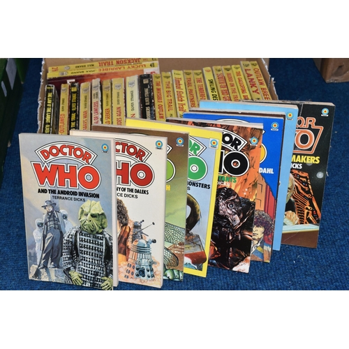 432 - TWO BOXES OF PAPERBACK BOOKS comprising thirty-eight Dr Who titles published by Target, fourteen tit... 