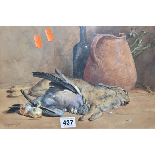 437 - JAMES HARDY II (1832-1889) STILL LIFE WITH GAME, a pigeon, rabbit and onions lie before a terracotta... 