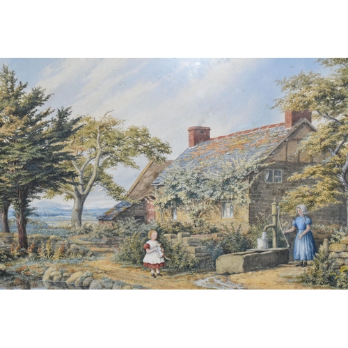 438 - ATTRIBUTED TO MARY BACKHOUSE BIGLAND (1844-1908) FIGURES BEFORE A RURAL COTTAGE, a figure pumps wate... 