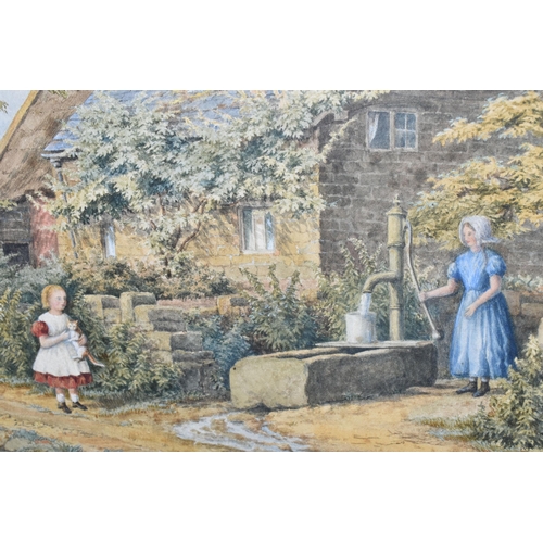 438 - ATTRIBUTED TO MARY BACKHOUSE BIGLAND (1844-1908) FIGURES BEFORE A RURAL COTTAGE, a figure pumps wate... 