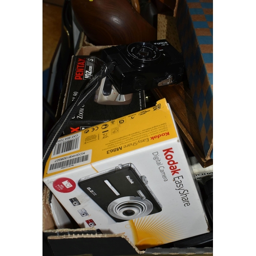 443 - THREE BOXES AND LOOSE MISCELLANEOUS ITEMS to include a group of cameras comprising a boxed Kodak M86... 