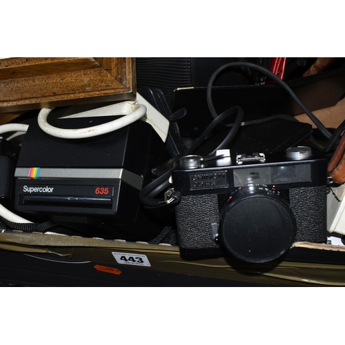 443 - THREE BOXES AND LOOSE MISCELLANEOUS ITEMS to include a group of cameras comprising a boxed Kodak M86... 