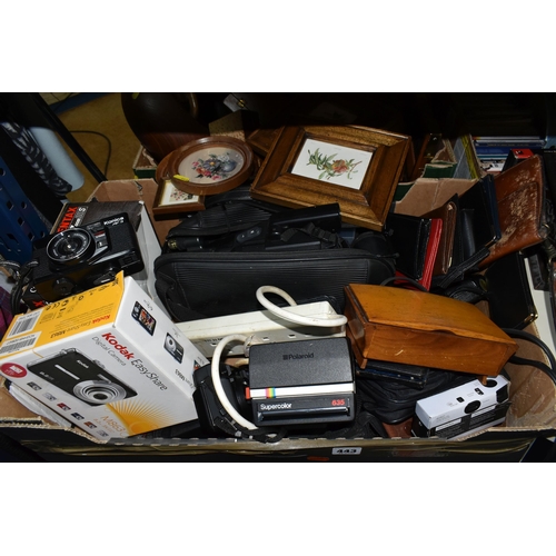 443 - THREE BOXES AND LOOSE MISCELLANEOUS ITEMS to include a group of cameras comprising a boxed Kodak M86... 