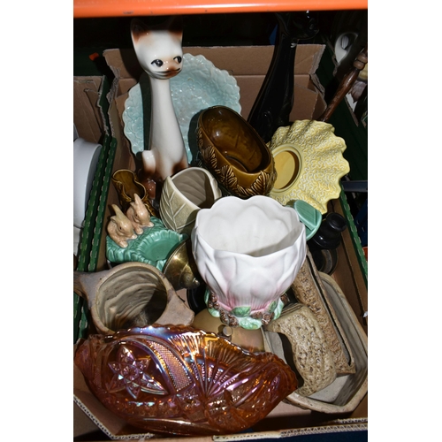 444 - THREE BOXES AND LOOSE CERAMICS AND MISCELLANEOUS ITEMS to include a Sylvac yellow lace posy bowl No.... 