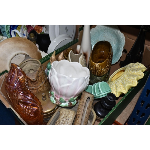 444 - THREE BOXES AND LOOSE CERAMICS AND MISCELLANEOUS ITEMS to include a Sylvac yellow lace posy bowl No.... 