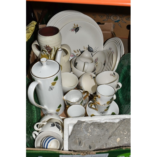 451 - FOUR BOXES AND LOOSE MIXED CERAMICS AND GLASSWARE to include two West German Scheurich vases compris... 