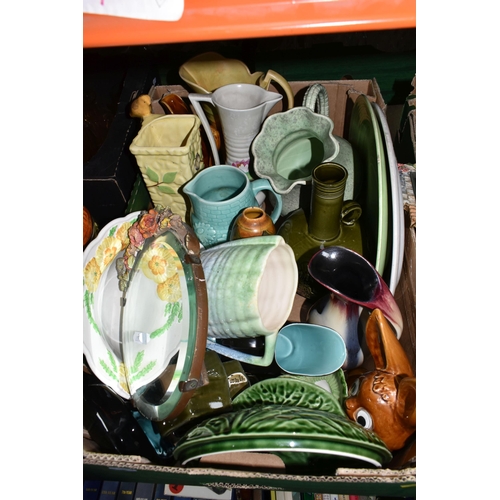 451 - FOUR BOXES AND LOOSE MIXED CERAMICS AND GLASSWARE to include two West German Scheurich vases compris... 