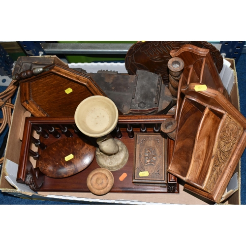 457 - ONE BOX AND LOOSE TREEN AND MISCELLANEOUS, to include a barometer, a shelf with a carving of a goat'... 