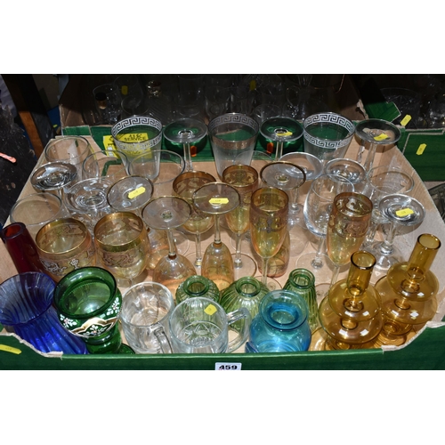 459 - THREE BOXES AND LOOSE GLASSWARE, to include two Dartington crystal decanters with stoppers, two cut ... 