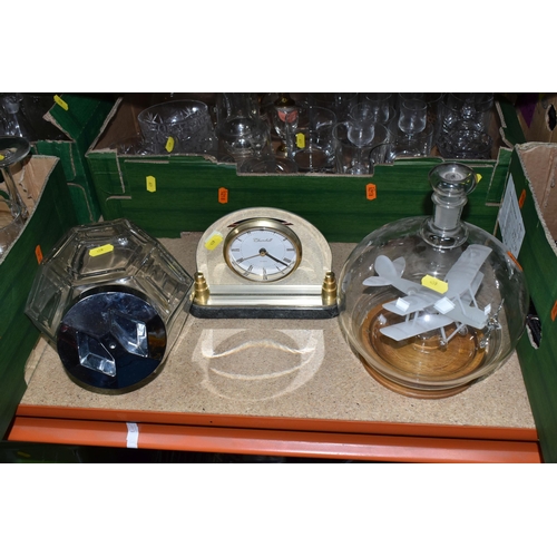 459 - THREE BOXES AND LOOSE GLASSWARE, to include two Dartington crystal decanters with stoppers, two cut ... 