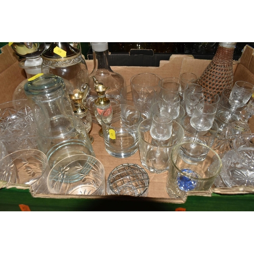 459 - THREE BOXES AND LOOSE GLASSWARE, to include two Dartington crystal decanters with stoppers, two cut ... 