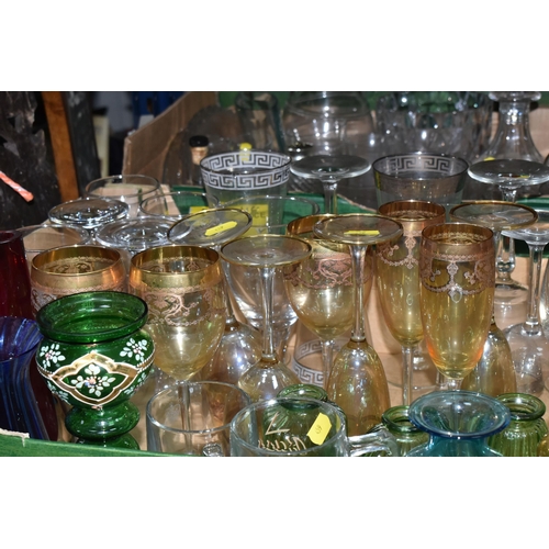 459 - THREE BOXES AND LOOSE GLASSWARE, to include two Dartington crystal decanters with stoppers, two cut ... 