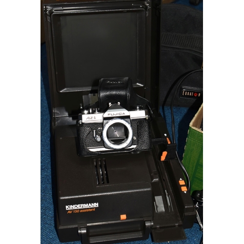 460 - TWO BOXES OF CAMERAS, LENSES AND PROJECTOR, to include a Kindermann AV150 assistant projector, (not ... 