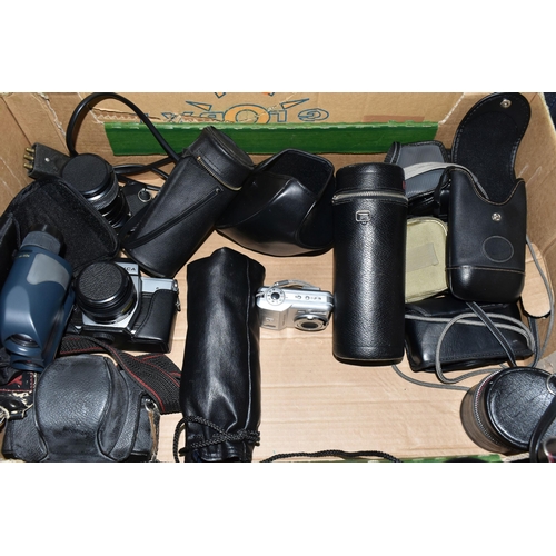 460 - TWO BOXES OF CAMERAS, LENSES AND PROJECTOR, to include a Kindermann AV150 assistant projector, (not ... 