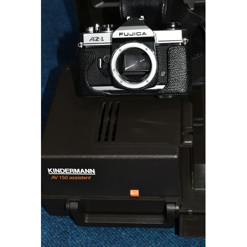 460 - TWO BOXES OF CAMERAS, LENSES AND PROJECTOR, to include a Kindermann AV150 assistant projector, (not ... 