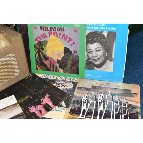 462 - FOUR BOXES OF LPS, 45 AND 33 R.P.M. RECORDS AND A BUSH RADIO, including a vintage Bush BAC. 31 porta... 